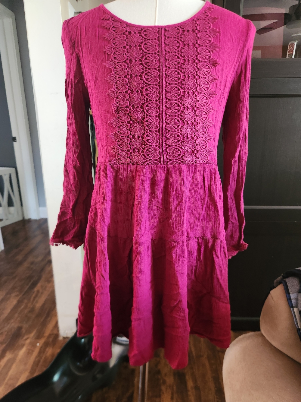 Beautees Magenta Long Sleeve Crochet Front Girls Casual Dress